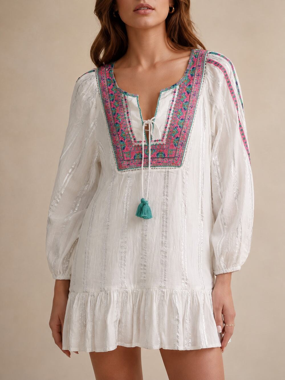 Figue Tunic Dress Womens XS White Striped Embroidered 3/4 Sleeve Tassel Boho